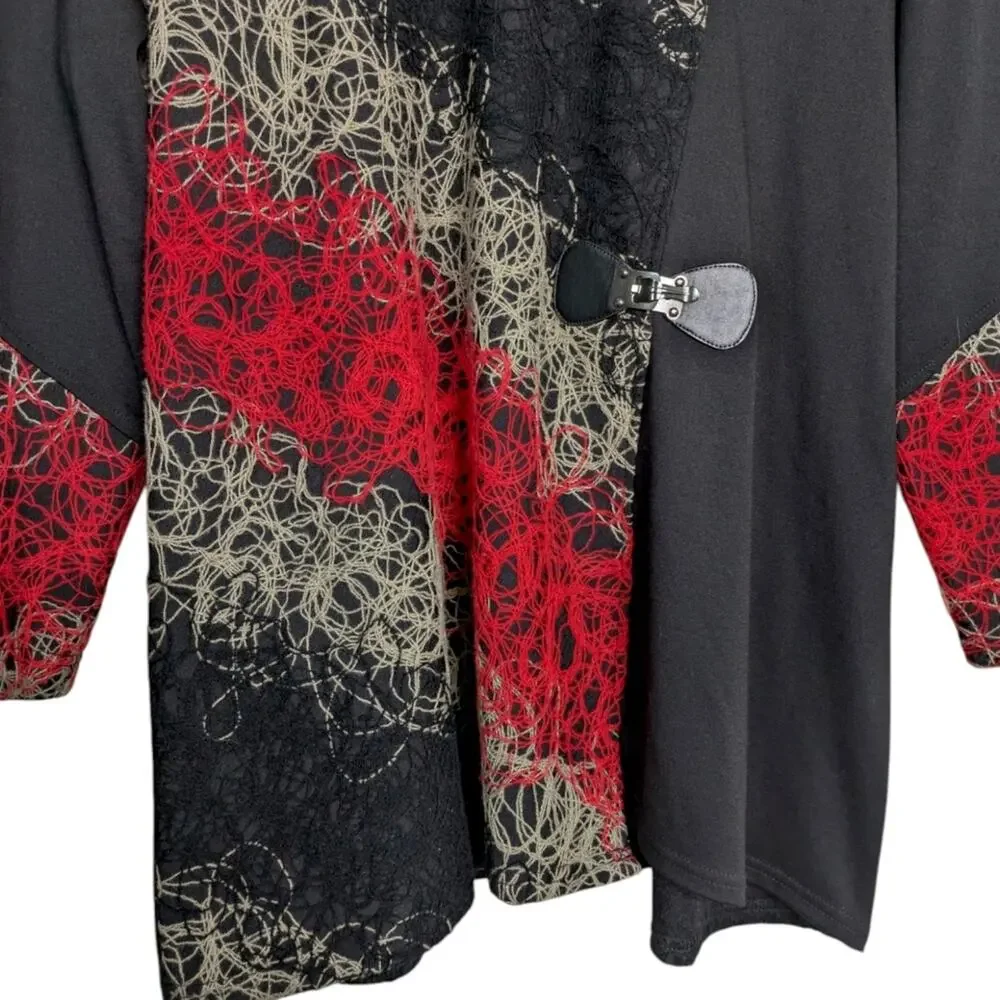 Ali Miles Tunic Top Large Cowl Neck Yarn Applique Textured Buckle Red Black Art